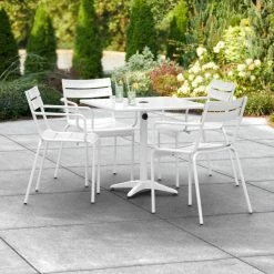 Lancaster Table & Seating 32" X 32" White Powder-Coated Aluminum Dining Height Outdoor Table With Umbrella Hole And 4 Arm Chairs