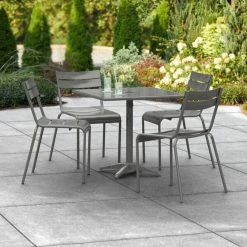 Lancaster Table & Seating 32" X 32" Matte Gray Powder-Coated Aluminum Dining Height Outdoor Table With Umbrella Hole And 4 Side Chairs