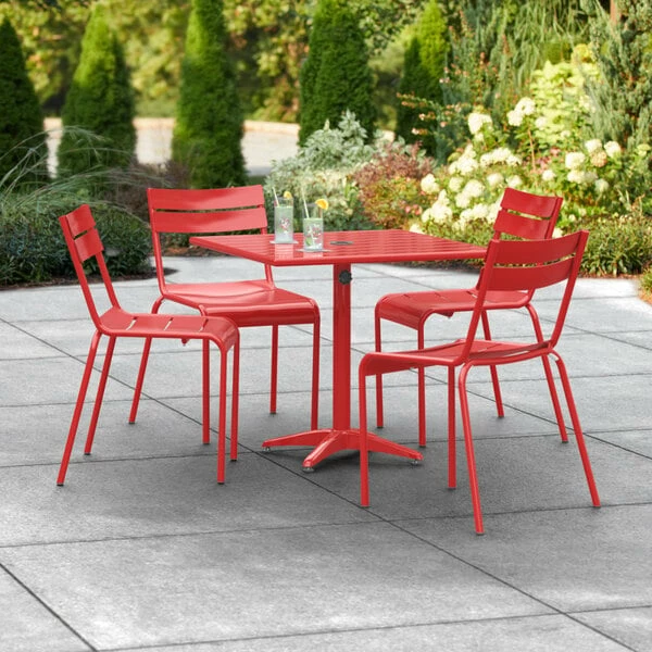 Lancaster Table & Seating 32" X 32" Red Powder-Coated Aluminum Dining Height Outdoor Table With Umbrella Hole And 4 Side Chairs 1 Lancaster Table & Seating 32" X 32" Red Powder-Coated Aluminum Dining Height Outdoor Table With Umbrella Hole And 4 Side Chairs