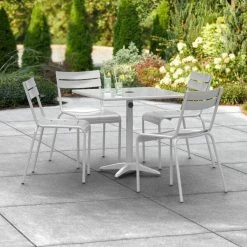 Lancaster Table & Seating 32" X 32" Silver Powder-Coated Aluminum Dining Height Outdoor Table With Umbrella Hole And 4 Side Chairs