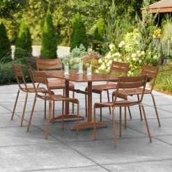 Lancaster Table & Seating 32" X 60" Brown Powder-Coated Aluminum Dining Height Outdoor Table With Umbrella Hole And 6 Side Chairs