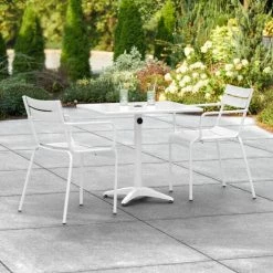 Lancaster Table & Seating 24" X 32" White Powder-Coated Aluminum Dining Height Outdoor Table With Umbrella Hole And 2 Arm Chairs