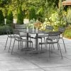 Lancaster Table & Seating 32" X 60" Matte Gray Powder-Coated Aluminum Dining Height Outdoor Table With Umbrella Hole And 6 Side Chairs