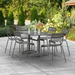 Lancaster Table & Seating 32" X 60" Matte Gray Powder-Coated Aluminum Dining Height Outdoor Table With Umbrella Hole And 6 Side Chairs