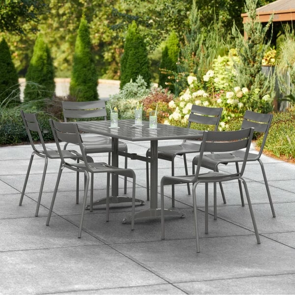 Lancaster Table & Seating 32" X 60" Matte Gray Powder-Coated Aluminum Dining Height Outdoor Table With Umbrella Hole And 6 Side Chairs 1 Lancaster Table & Seating 32" X 60" Matte Gray Powder-Coated Aluminum Dining Height Outdoor Table With Umbrella Hole And 6 Side Chairs