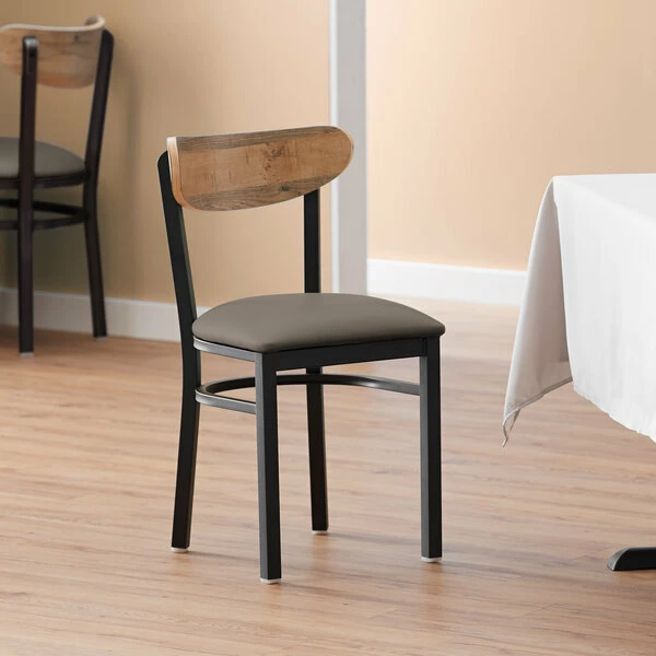 LT&S Boomerang Series Lancaster Table & Seating Boomerang Black Finish Chair With 2 1/2" Taupe Vinyl Padded Seat And Driftwood Back 1 LT&S Boomerang Series Lancaster Table & Seating Boomerang Black Finish Chair With 2 1/2" Taupe Vinyl Padded Seat And Driftwood Back