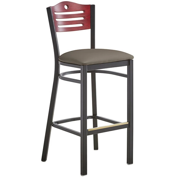 Lancaster Table & Seating Mahogany Finish Bar Height Bistro Chair With 2" Taupe Padded Seat 2 Lancaster Table & Seating Mahogany Finish Bar Height Bistro Chair With 2" Taupe Padded Seat - Image 2