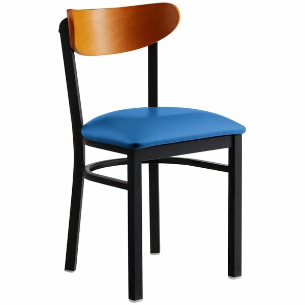 LT&S Boomerang Series Lancaster Table & Seating Boomerang Black Finish Chair With 2 1/2" Blue Vinyl Padded Seat And Cherry Wood Back 2 LT&S Boomerang Series Lancaster Table & Seating Boomerang Black Finish Chair With 2 1/2" Blue Vinyl Padded Seat And Cherry Wood Back - Image 2