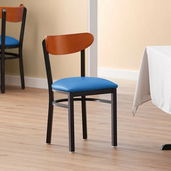 LT&S Boomerang Series Lancaster Table & Seating Boomerang Black Finish Chair With 2 1/2" Blue Vinyl Padded Seat And Cherry Wood Back 1 LT&S Boomerang Series Lancaster Table & Seating Boomerang Black Finish Chair With 2 1/2" Blue Vinyl Padded Seat And Cherry Wood Back