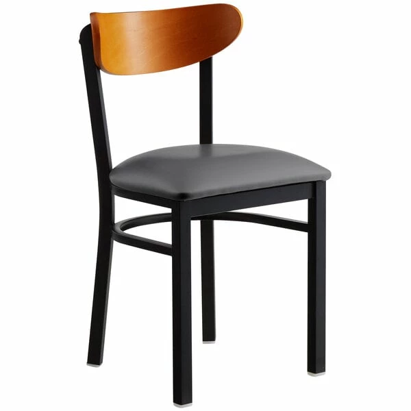 LT&S Boomerang Series Lancaster Table & Seating Boomerang Black Finish Chair With 2 1/2" Dark Gray Vinyl Padded Seat And Cherry Wood Back 2 LT&S Boomerang Series Lancaster Table & Seating Boomerang Black Finish Chair With 2 1/2" Dark Gray Vinyl Padded Seat And Cherry Wood Back - Image 2