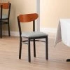 LT&S Boomerang Series Lancaster Table & Seating Boomerang Black Finish Chair With 2 1/2" Light Gray Vinyl Padded Seat And Cherry Wood Back