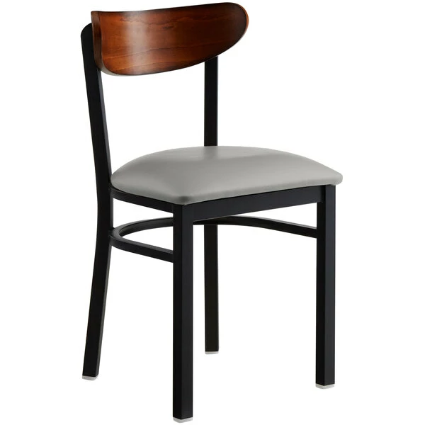 LT&S Boomerang Series Lancaster Table & Seating Boomerang Black Finish Chair With 2 1/2" Light Gray Vinyl Padded Seat And Antique Walnut Wood Back 2 LT&S Boomerang Series Lancaster Table & Seating Boomerang Black Finish Chair With 2 1/2" Light Gray Vinyl Padded Seat And Antique Walnut Wood Back - Image 2