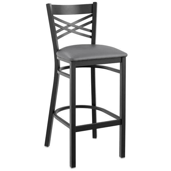 Lancaster Table & Seating Black Finish Cross Back Bar Stool With 2 1/2" Dark Gray Vinyl Padded Seat 2 Lancaster Table & Seating Black Finish Cross Back Bar Stool With 2 1/2" Dark Gray Vinyl Padded Seat - Image 2