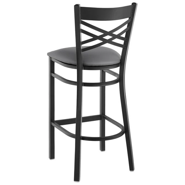 Lancaster Table & Seating Black Finish Cross Back Bar Stool With 2 1/2" Dark Gray Vinyl Padded Seat 3 Lancaster Table & Seating Black Finish Cross Back Bar Stool With 2 1/2" Dark Gray Vinyl Padded Seat - Image 3