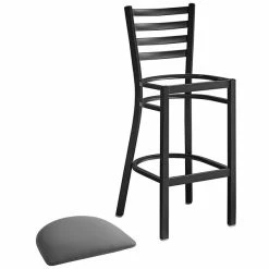Lancaster Table & Seating Black Finish Ladder Back Bar Stool With 2 1/2" Dark Gray Vinyl Padded Seat -Lancaster Table & Seating Shop 2294193