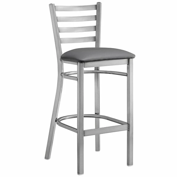 Lancaster Table & Seating Clear Coat Finish Ladder Back Bar Stool With 2 1/2" Dark Gray Vinyl Padded Seat 2 Lancaster Table & Seating Clear Coat Finish Ladder Back Bar Stool With 2 1/2" Dark Gray Vinyl Padded Seat - Image 2