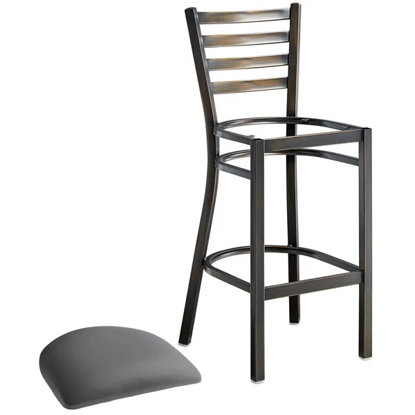 Lancaster Table & Seating Distressed Copper Finish Ladder Back Bar Stool With 2 1/2" Dark Gray Vinyl Padded Seat 4 Lancaster Table & Seating Distressed Copper Finish Ladder Back Bar Stool With 2 1/2" Dark Gray Vinyl Padded Seat - Image 4