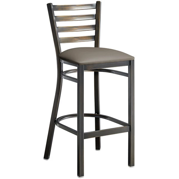 Lancaster Table & Seating Distressed Copper Finish Ladder Back Bar Stool With 2 1/2" Taupe Vinyl Padded Seat 2 Lancaster Table & Seating Distressed Copper Finish Ladder Back Bar Stool With 2 1/2" Taupe Vinyl Padded Seat - Image 2