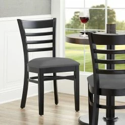 Lancaster Table & Seating Black Finish Wooden Ladder Back Chair With Dark Gray Padded Seat