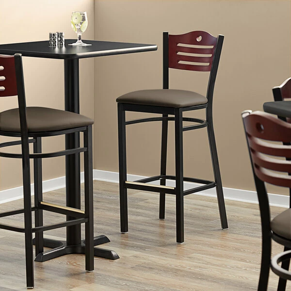 Lancaster Table & Seating Mahogany Finish Bar Height Bistro Chair With 2" Taupe Padded Seat 1 Lancaster Table & Seating Mahogany Finish Bar Height Bistro Chair With 2" Taupe Padded Seat