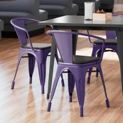 LT&S Alloy Series Lancaster Table & Seating Alloy Series Purple Metal Indoor Industrial Cafe Arm Chair With Black Wood Seat
