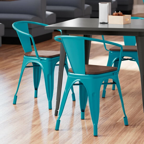 LT&S Alloy Series Lancaster Table & Seating Alloy Series Teal Metal Indoor Industrial Cafe Arm Chair With Walnut Wood Seat 1 LT&S Alloy Series Lancaster Table & Seating Alloy Series Teal Metal Indoor Industrial Cafe Arm Chair With Walnut Wood Seat