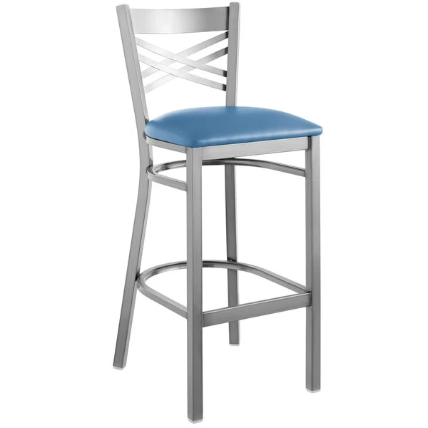 Lancaster Table & Seating Clear Coat Finish Cross Back Bar Stool With 2 1/2" Blue Vinyl Padded Seat 2 Lancaster Table & Seating Clear Coat Finish Cross Back Bar Stool With 2 1/2" Blue Vinyl Padded Seat - Image 2