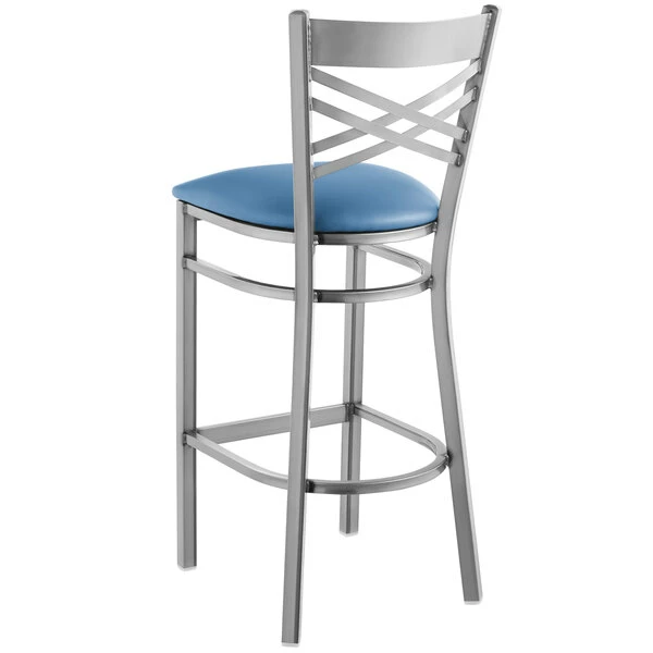 Lancaster Table & Seating Clear Coat Finish Cross Back Bar Stool With 2 1/2" Blue Vinyl Padded Seat 3 Lancaster Table & Seating Clear Coat Finish Cross Back Bar Stool With 2 1/2" Blue Vinyl Padded Seat - Image 3