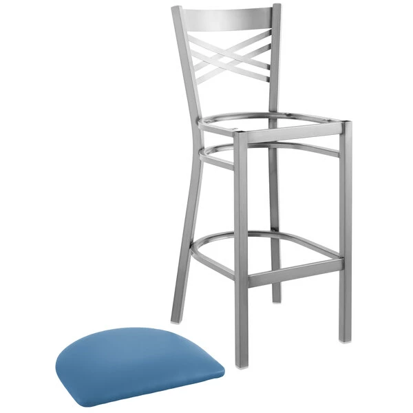 Lancaster Table & Seating Clear Coat Finish Cross Back Bar Stool With 2 1/2" Blue Vinyl Padded Seat 4 Lancaster Table & Seating Clear Coat Finish Cross Back Bar Stool With 2 1/2" Blue Vinyl Padded Seat - Image 4