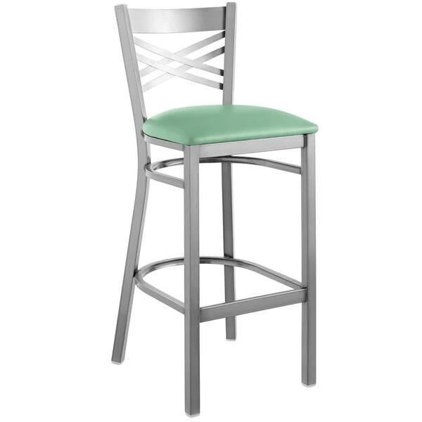 Lancaster Table & Seating Clear Coat Finish Cross Back Bar Stool With 2 1/2" Seafoam Vinyl Padded Seat 2 Lancaster Table & Seating Clear Coat Finish Cross Back Bar Stool With 2 1/2" Seafoam Vinyl Padded Seat - Image 2