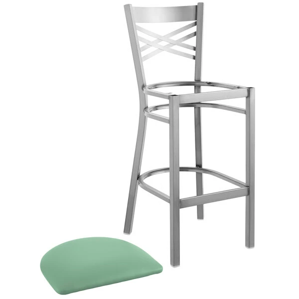Lancaster Table & Seating Clear Coat Finish Cross Back Bar Stool With 2 1/2" Seafoam Vinyl Padded Seat 4 Lancaster Table & Seating Clear Coat Finish Cross Back Bar Stool With 2 1/2" Seafoam Vinyl Padded Seat - Image 4