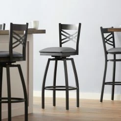 Lancaster Table & Seating Black Finish Cross Back Swivel Bar Stool With 2 1/2" Dark Gray Vinyl Padded Seat