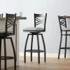 Lancaster Table & Seating Black Finish Cross Back Swivel Bar Stool With 2 1/2" Light Gray Vinyl Padded Seat