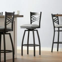 Lancaster Table & Seating Black Finish Cross Back Swivel Bar Stool With 2 1/2" Light Gray Vinyl Padded Seat