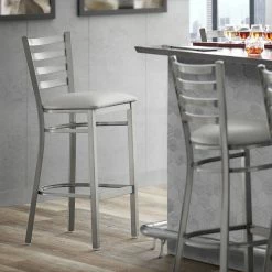 Lancaster Table & Seating Clear Coat Finish Ladder Back Bar Stool With 2 1/2" Light Gray Vinyl Padded Seat