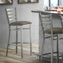 Lancaster Table & Seating Clear Coat Finish Ladder Back Bar Stool With 2 1/2" Taupe Vinyl Padded Seat
