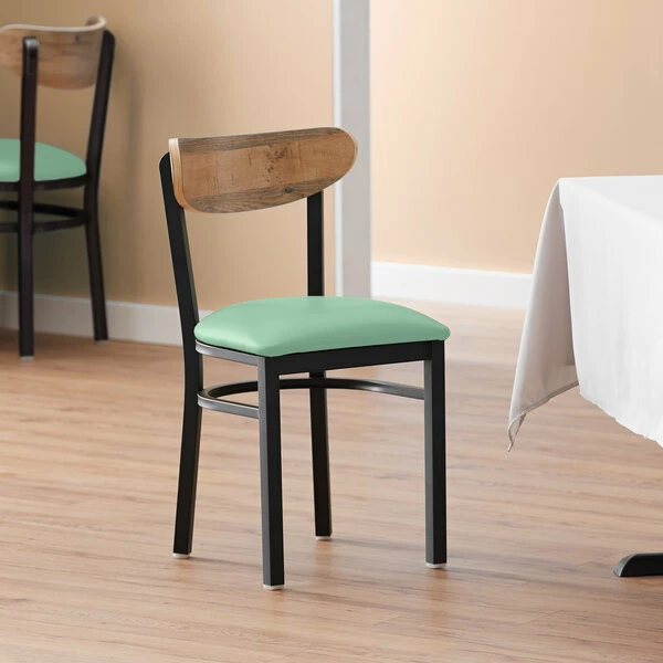 LT&S Boomerang Series Lancaster Table & Seating Boomerang Black Finish Chair With 2 1/2" Seafoam Vinyl Padded Seat And Driftwood Back 1 LT&S Boomerang Series Lancaster Table & Seating Boomerang Black Finish Chair With 2 1/2" Seafoam Vinyl Padded Seat And Driftwood Back