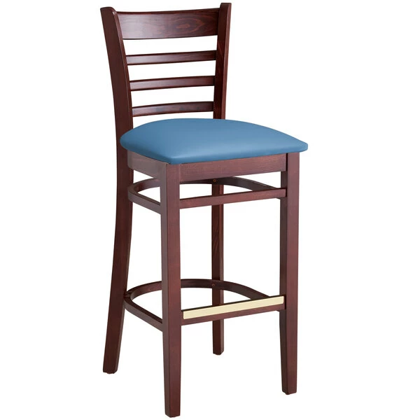 Lancaster Table & Seating Mahogany Finish Wooden Ladder Back Bar Height Chair With Blue Padded Seat 2 Lancaster Table & Seating Mahogany Finish Wooden Ladder Back Bar Height Chair With Blue Padded Seat - Image 2