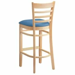 Lancaster Table & Seating Natural Finish Wooden Ladder Back Bar Height Chair With Blue Padded Seat -Lancaster Table & Seating Shop 2297213