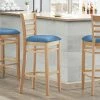 Lancaster Table & Seating Natural Finish Wooden Ladder Back Bar Height Chair With Blue Padded Seat
