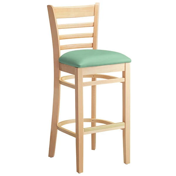 Lancaster Table & Seating Natural Finish Wooden Ladder Back Bar Height Chair With Seafoam Padded Seat 2 Lancaster Table & Seating Natural Finish Wooden Ladder Back Bar Height Chair With Seafoam Padded Seat - Image 2
