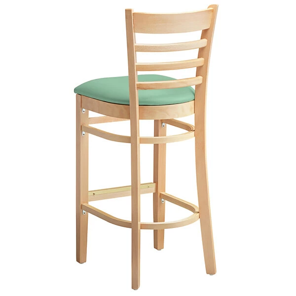 Lancaster Table & Seating Natural Finish Wooden Ladder Back Bar Height Chair With Seafoam Padded Seat 3 Lancaster Table & Seating Natural Finish Wooden Ladder Back Bar Height Chair With Seafoam Padded Seat - Image 3