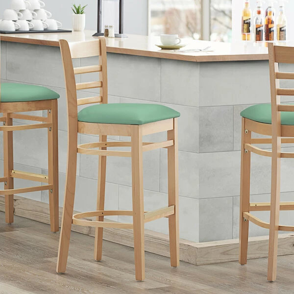 Lancaster Table & Seating Natural Finish Wooden Ladder Back Bar Height Chair With Seafoam Padded Seat 1 Lancaster Table & Seating Natural Finish Wooden Ladder Back Bar Height Chair With Seafoam Padded Seat