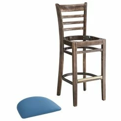 Lancaster Table & Seating Vintage Finish Wooden Ladder Back Bar Height Chair With Blue Padded Seat -Lancaster Table & Seating Shop 2297229