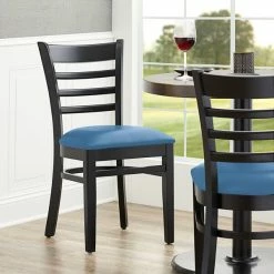 Lancaster Table & Seating Black Finish Wooden Ladder Back Chair With Blue Padded Seat