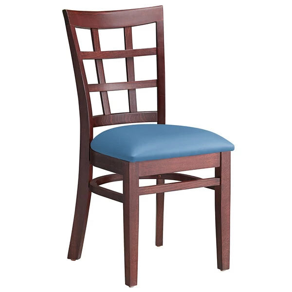 Lancaster Table & Seating Mahogany Finish Wooden Window Back Chair With Blue Padded Seat 2 Lancaster Table & Seating Mahogany Finish Wooden Window Back Chair With Blue Padded Seat - Image 2