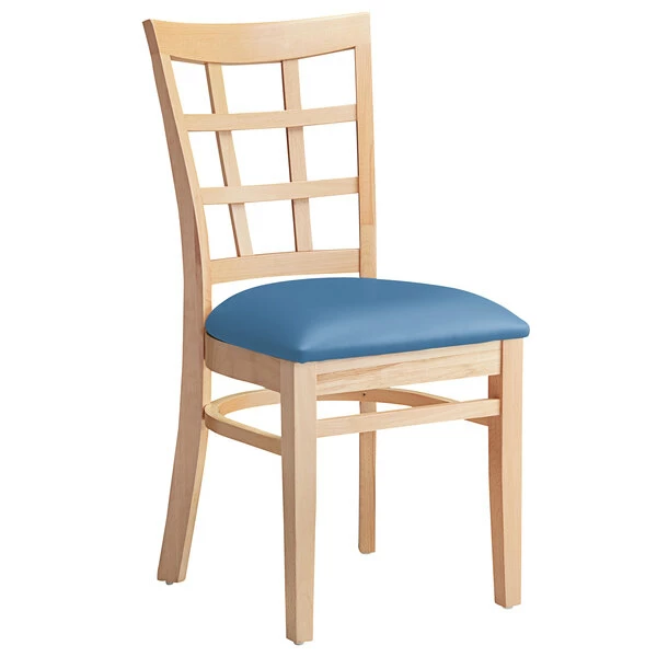 Lancaster Table & Seating Natural Finish Wooden Window Back Chair With Blue Padded Seat 2 Lancaster Table & Seating Natural Finish Wooden Window Back Chair With Blue Padded Seat - Image 2