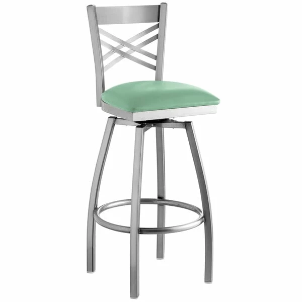 Lancaster Table & Seating Clear Coat Finish Cross Back Swivel Bar Stool With 2 1/2" Seafoam Vinyl Padded Seat 2 Lancaster Table & Seating Clear Coat Finish Cross Back Swivel Bar Stool With 2 1/2" Seafoam Vinyl Padded Seat - Image 2