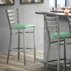 Lancaster Table & Seating Clear Coat Finish Ladder Back Bar Stool With 2 1/2" Seafoam Vinyl Padded Seat