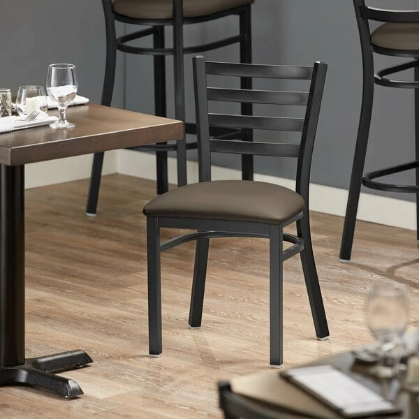 Lancaster Table & Seating Black Finish Ladder Back Chair With 2 1/2" Taupe Vinyl Padded Seat 1 Lancaster Table & Seating Black Finish Ladder Back Chair With 2 1/2" Taupe Vinyl Padded Seat